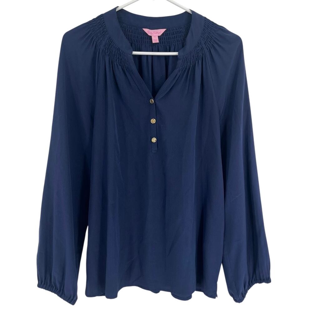 Lilly Pulitzer Elsa Long Sleeve Navy Blue Blouse 100% Silk Women's Small